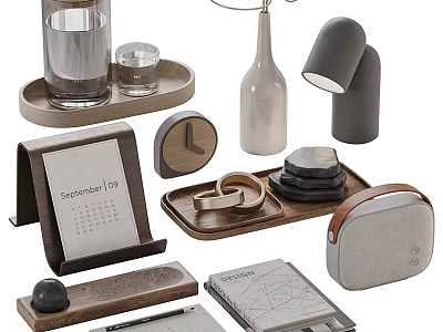 Modern Ornamental Decor Set With Wooden Tray Glass Cup Vase Lamp Calendar And Notebook 3d model