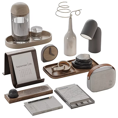 Modern Ornamental Decor Set With Wooden Tray Glass Cup Vase Lamp Calendar And Notebook 3d model