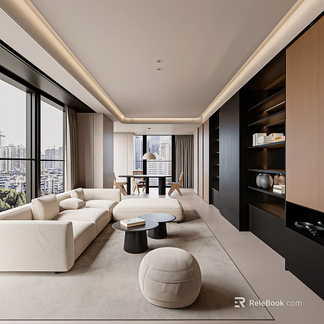 Modern Living Room Interior With Large Windows City View Beige Sofa And Black Coffee Tables 3d model 