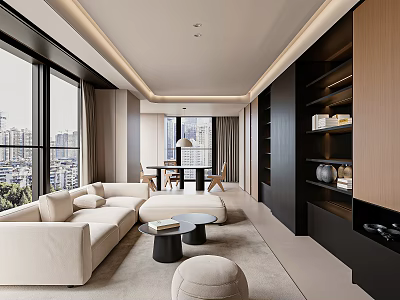 Modern Living Room Interior With Large Windows City View Beige Sofa And Black Coffee Tables 3d model