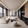 Modern Living Room Interior With Large Windows City View Beige Sofa And Black Coffee Tables