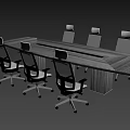 Long Wooden Conference Table With Black Mesh Back Wheeled Chairs In Gray Office