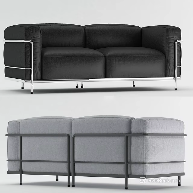 Modern Two Seater Sofa in Black and Gray with Metal Frame Design 3d model 