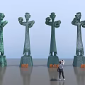 Road Facilities Featuring Green Sculptures And Orange Signs With Person Observing