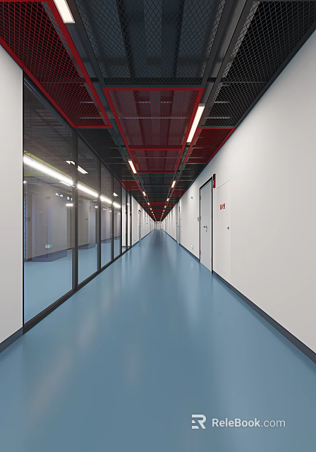Modern Office Corridor With Blue Flooring Glass Walls White Doors Red Ceiling And Lighting Strips 3d model 