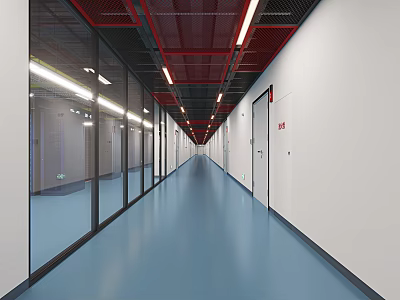 Modern Office Corridor With Blue Flooring Glass Walls White Doors Red Ceiling And Lighting Strips 3d model