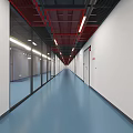 Modern Office Corridor With Blue Flooring Glass Walls White Doors Red Ceiling And Lighting Strips