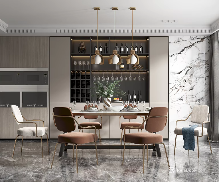 Elegant Modern Dining Table Set With Brown Chairs Pendant Lights And Marble Wall 3d model