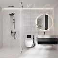 Modern Bathroom Interior Design With Glass Shower Partition Round Backlit Mirror And White Tiled Walls