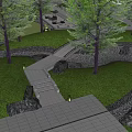 Tranquil Park Landscape With Stone Bridge Gravel Stream Tall Trees And Lush Grass