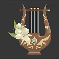 Decorative Brown Lyre With Golden Decorations Emerald Gemstone And White Orchid Leaves