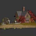 Rustic Cottage With Red Autumn Trees Glass Dome Gazebo And Stone Path