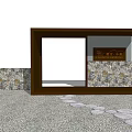 Building Exterior Wall With Stone Structure Wooden Entrance Frame Bamboo Plants And Evening Lighting