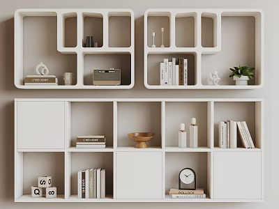 White Modern Shelving Unit With Storage Compartments Books Decorative Items And Small Plant 3d model