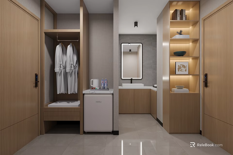 Hotel Room Interior With Wooden Wardrobe Hanging Bathrobes Mini Fridge Vanity Mirror And Light Tiles 3d model 