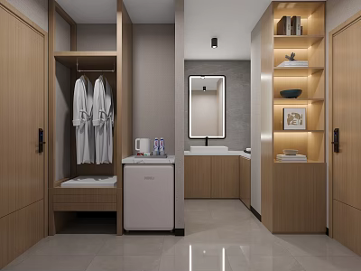 Hotel Room Interior With Wooden Wardrobe Hanging Bathrobes Mini Fridge Vanity Mirror And Light Tiles 3d model