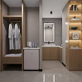 Hotel Room Interior With Wooden Wardrobe Hanging Bathrobes Mini Fridge Vanity Mirror And Light Tiles