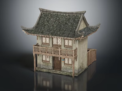 Traditional Ancient Building With Tile Roof Overhanging Eaves Two Story Wooden Structure And Windows 3d model