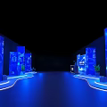 SPD Bank Themed Stage with Illuminated Blue Lighting Branded Display Stands and Digital Screens