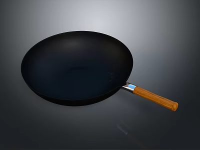 Traditional Black Non Stick Wok With Wooden Handle For Home Cooking 3d model