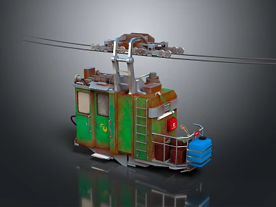 Vintage Rusted Cable Car On Cables With Green Body Metal Ladder And Blue Barrel 3d model