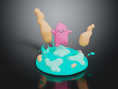 Cute Pink Cartoon Game Movie Character On Blue Base With Green Plants Yellow Elements 3d model