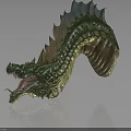 Green Mythical Dragon Character With Open Mouth Sharp Teeth And Colorful Back Fins