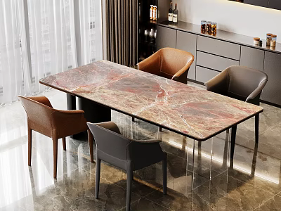 Modern Dining Table Set With Marble Tabletop Four Brown Gray Chairs And Metal Legs 3d model