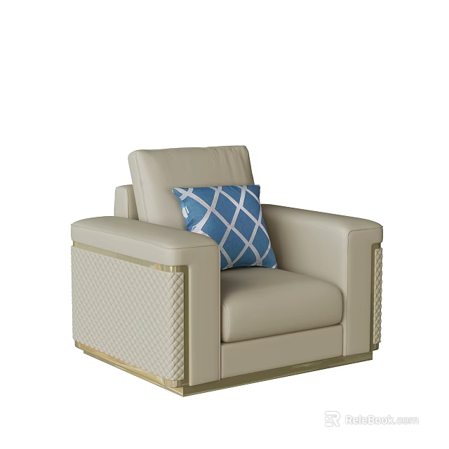 Elegant Single Sofa With Beige Leather Blue Diamond Pattern Pillow And Golden Trim 3d model
