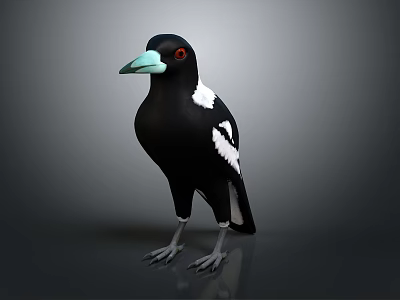 Black and White Bird with Green Beak Red Eyes Grey Claws Standing on Grey Background 3d model