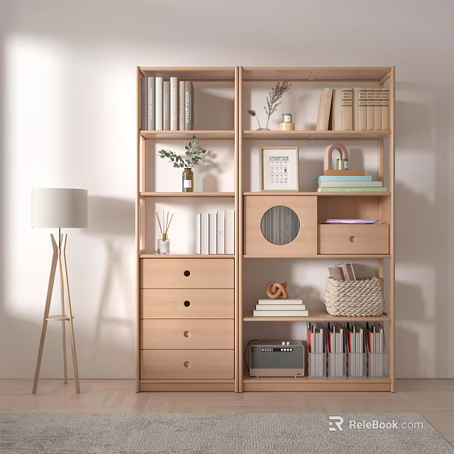 Modern Wooden Bookcase With Shelves Drawers Books Decorative Plants Picture Frame and Storage Basket 3d model 