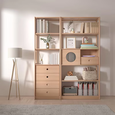 Modern Wooden Bookcase With Shelves Drawers Books Decorative Plants Picture Frame and Storage Basket 3d model