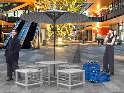 Modern White Public Chairs With Umbrella Table And Blue Crates In Outdoor Mall Area 3d model