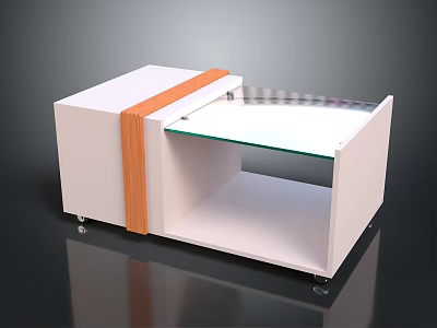 Modern White Cabinet With Orange Accent Strip Glass Countertop And Open Storage Compartment On Wheels 3d model