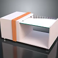 Modern White Cabinet With Orange Accent Strip Glass Countertop And Open Storage Compartment On Wheels