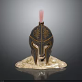 Ancient Warrior Helmet with Golden Decorations and Red Plume on Stone Base Historical Weaponry Design