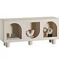 Beige TV Stand Featuring Arched Open Compartments Displaying Decorative Items With Cylindrical Legs 3d model