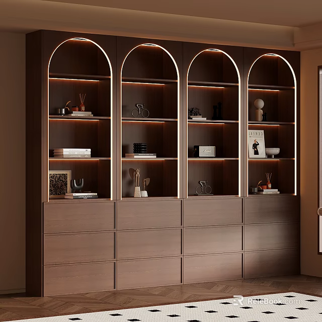 Modern Bookcase With Arched Design Built in Lighting Multiple Drawers And Decorative Items 3d model 