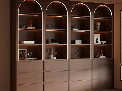 Modern Bookcase With Arched Design Built in Lighting Multiple Drawers And Decorative Items 3d model