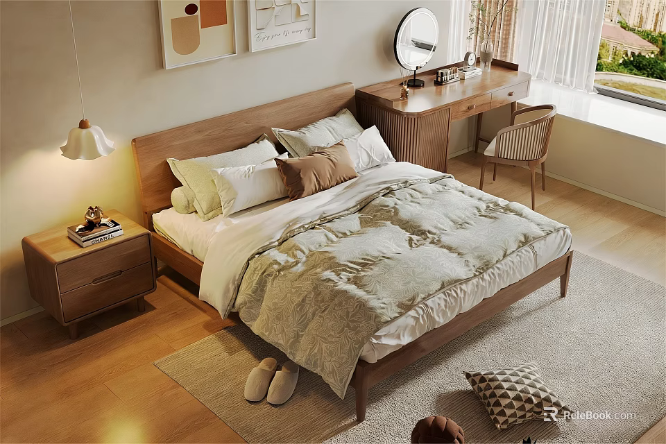 Modern Bedroom Interior With Wooden Bed Pillows Quilt Nightstand And Dressing Table 3d model 