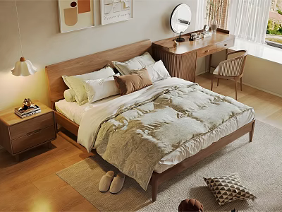 Modern Bedroom Interior With Wooden Bed Pillows Quilt Nightstand And Dressing Table 3d model