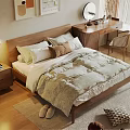 Modern Bedroom Interior With Wooden Bed Pillows Quilt Nightstand And Dressing Table