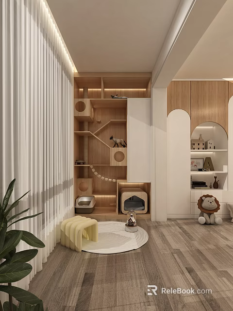 Modern Home Balcony With White Blinds Wooden Storage Cabinets Cat Tree And Green Plants 3d model 