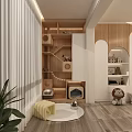 Modern Home Balcony With White Blinds Wooden Storage Cabinets Cat Tree And Green Plants