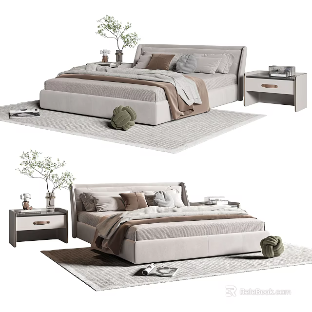 Modern Double Bed With Soft Pillows Blanket Nightstand Vase And Decorative Rug 3d model 