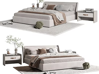 Modern Double Bed With Soft Pillows Blanket Nightstand Vase And Decorative Rug 3d model