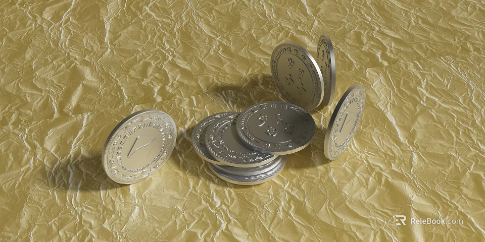 Silver Coins Stacked And Scattered On Golden Textured Background With Detailed Inscriptions 3d model 