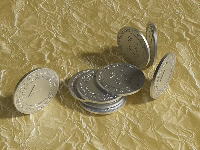 Silver Coins Stacked And Scattered On Golden Textured Background With Detailed Inscriptions 3d model