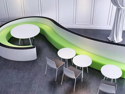 Unique Shape Sofa Green And White With Round Tables And Chairs In Modern Interior Space 3d model