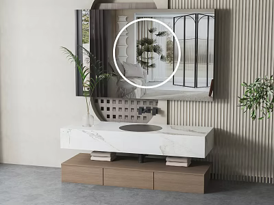 Modern Bathroom Vanity With Marble Countertop Wooden Drawers Decorative Mirror Green Plants And Textured Wall 3d model